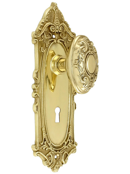 Largo Design Mortise Lock Set With Decorative Oval Knobs in Polished Brass.